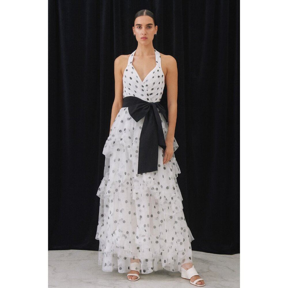 NWT BCBG MaxAzria Giulietta in Off White Polka Dot Tulle Halter Gown Dress 8